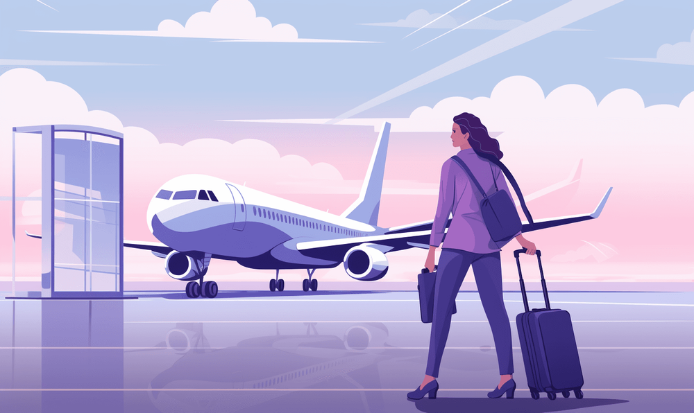 Illustration of a woman walking towards a plane about to take a trip
