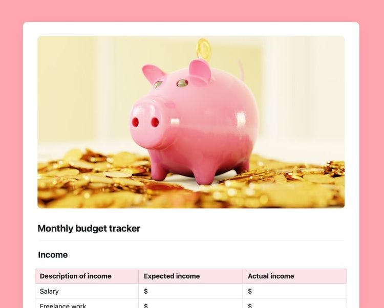 Craft Free Template: Screenshot of Craft's monthly budget tracker template showing a cover image containing a piggy bank.