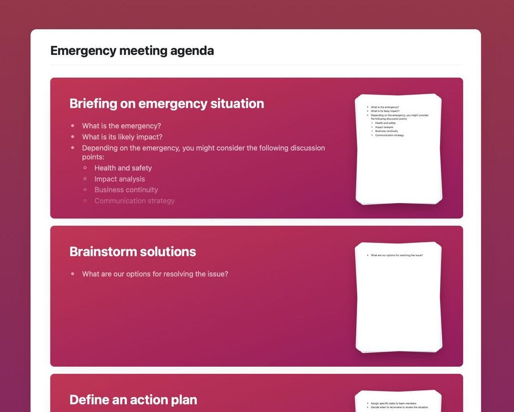 Emergency Meeting Agenda template in Craft