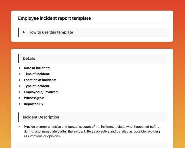 Employee incident report template in Craft showing instructions.