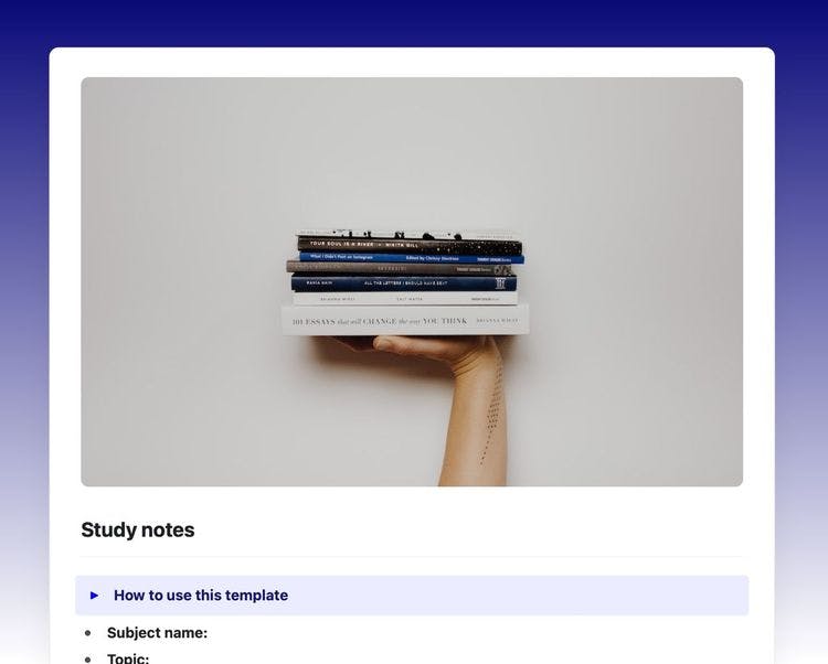 Craft Free Template: Screenshot of the Craft study notes template showing a cover image of someone holding a stack of books.