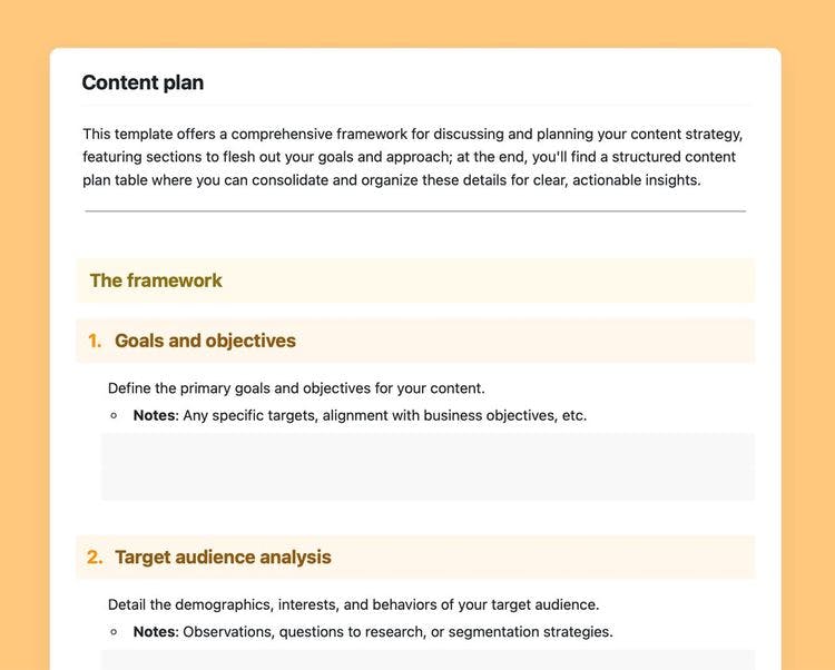 Craft Free Template: Content plan in craft