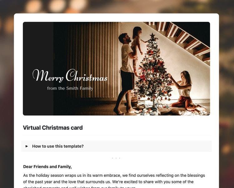Virtual Christmas card template in Craft showing instructions and the first paragraph.