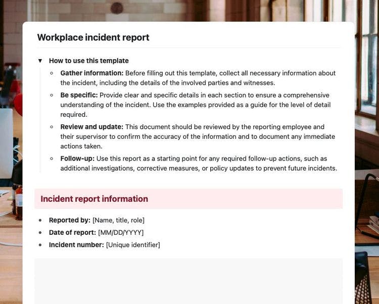 Craft Free Template: Work place incident report in Craft