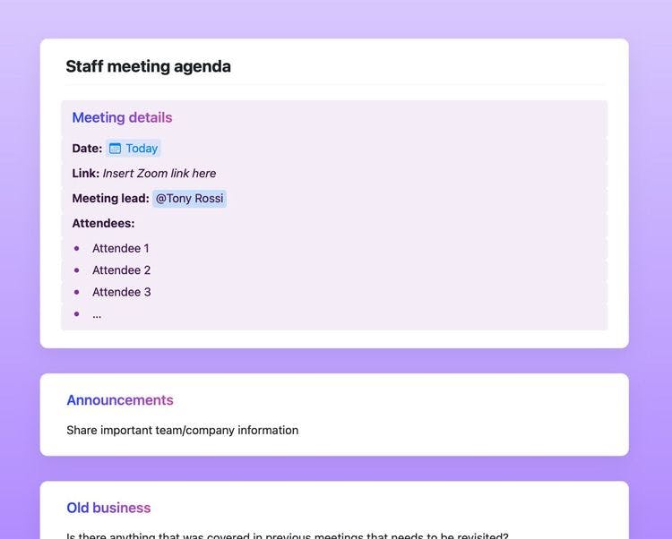 Staff meeting agenda template in Craft