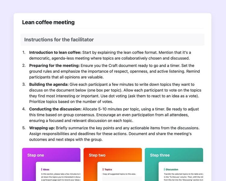 Craft Free Template: lean coffee meeting in craft