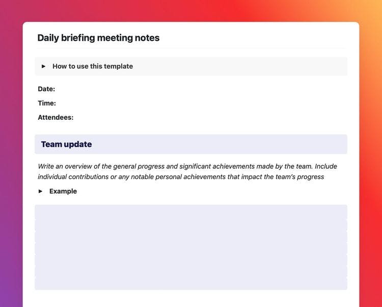 Craft Free Template: Daily briefing meeting notes template showing instructions and the team update section.