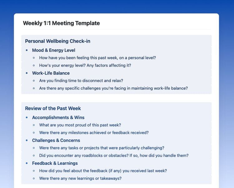 Craft Free Template: Weekly 1 one 1 meeting template in Craft