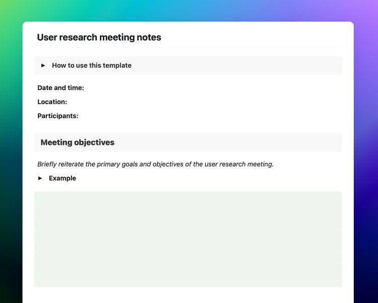 Craft Free Template: User research meeting notes template in Craft showing instructions, meeting information, and meeting objectives sections.