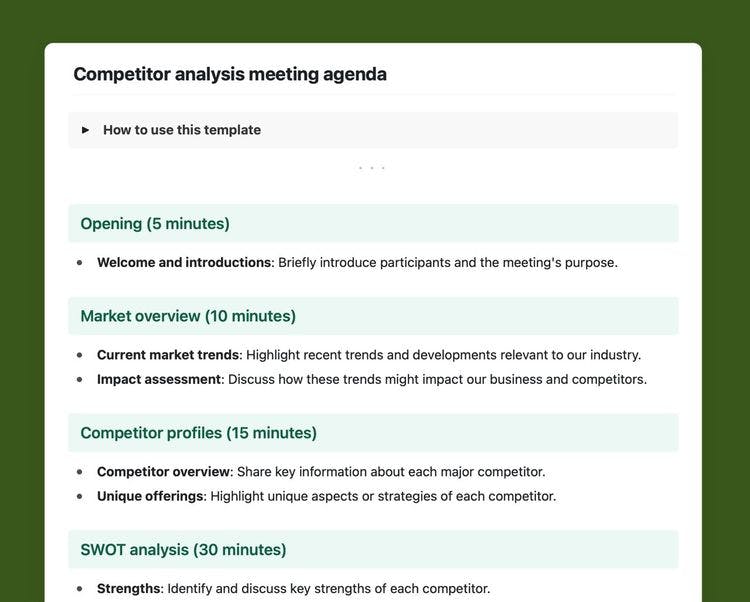 Competitor analysis meeting agenda template in Craft. 