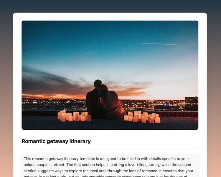 Romantic getaway itinerary template in Craft showing instructions.