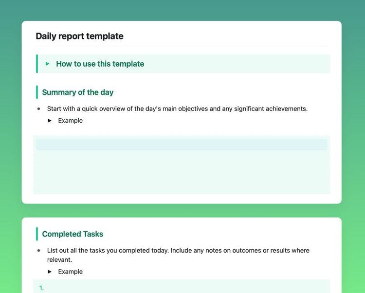 Daily report template in Craft showing instructions.