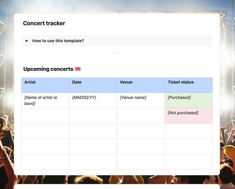 Concert tracker template in Craft showing instructions and the upcoming concerts.