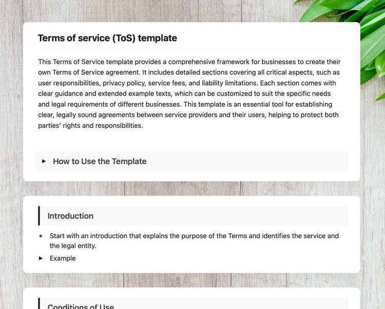 Craft Free Template: Terms of service in craft