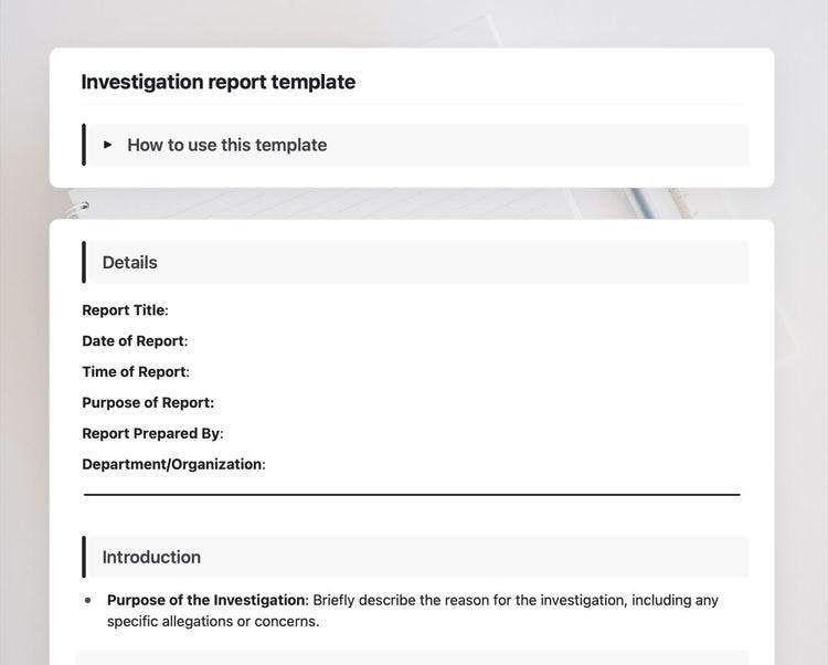 Craft Free Template: Investigation report template in Craft showing instructions.