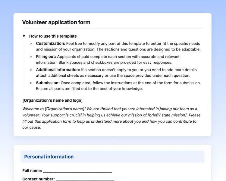 Craft Free Template: Volunteer application form in Craft