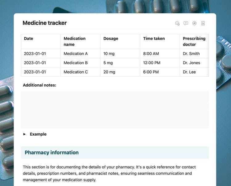 Medicine tracker template in Craft showing the tracker and pharmacy information.