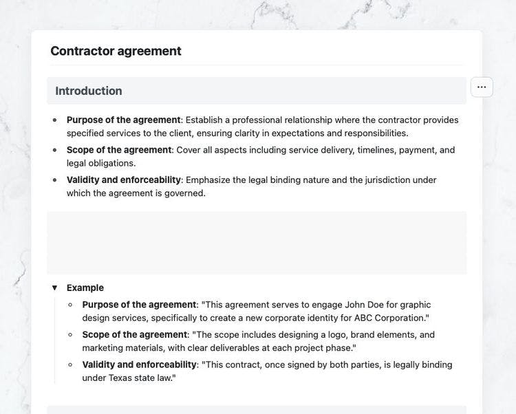 Contractor agreement in Craft