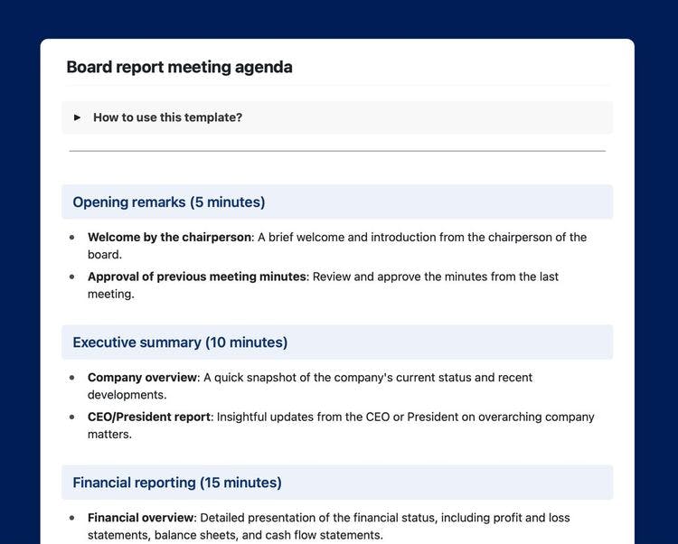 Board report meeting agenda template in Craft.