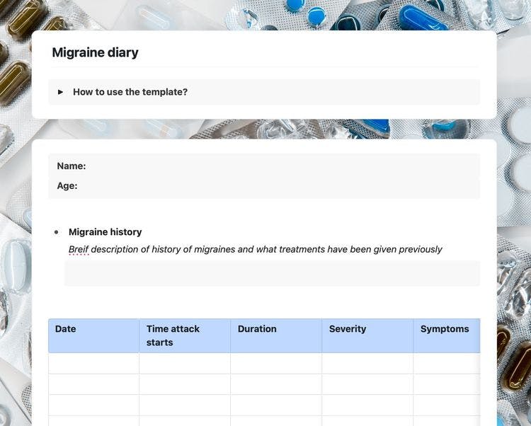 Migraine diary template in Craft showing instructions and migraine history sections.