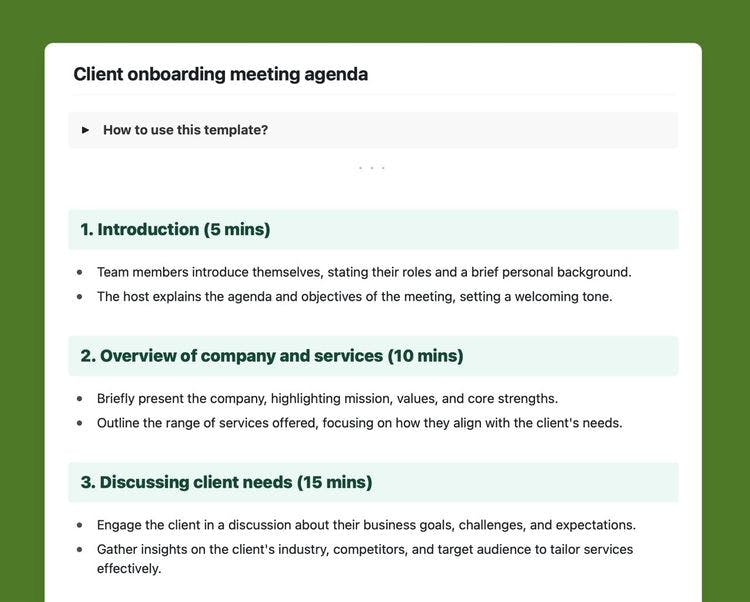 Client onboarding meeting agenda template in Craft.