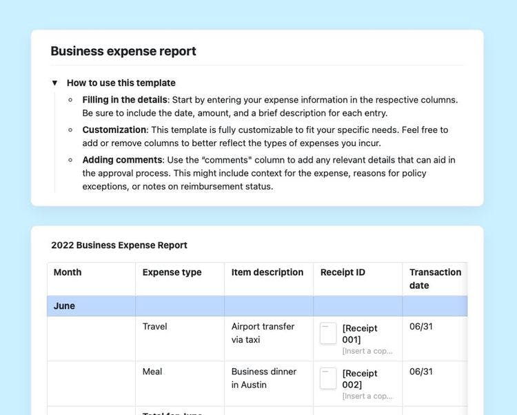 Craft Free Template: Business expense report in Craft