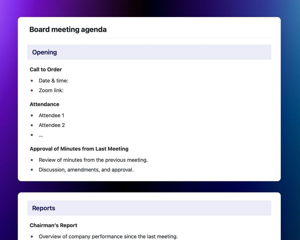 board meeting agenda template in Craft