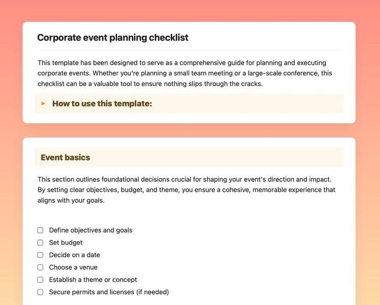 Event planning checklist in Craft showing instructions to use the template and the “Event basics” section.