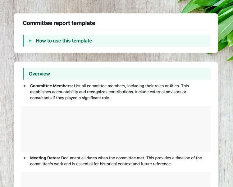 Craft Free Template: Committee report template in Craft showing instructions on an overview.