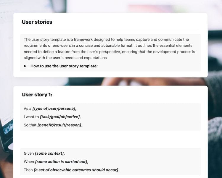 Craft Free Template: user stories in craft