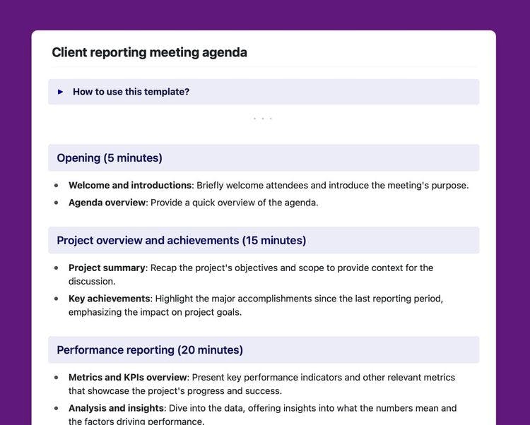 Craft Free Template: Client reporting meeting agenda template in Craft.