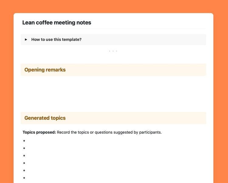 Lean coffee meeting notes template in Craft.