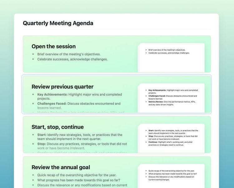 Quarterly meeting agenda template in Craft