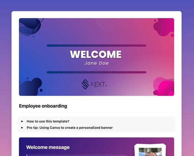 Employee onboarding template in Craft showing instructions, tips, and the welcome message section.
