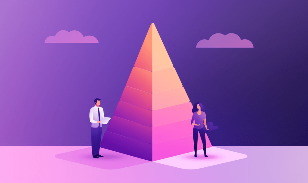 Illustration of a pyramid and two people demonstrating a skip level meeting