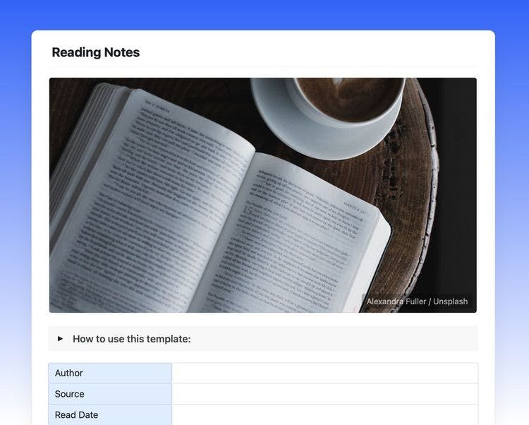Screenshot of a reading notes template