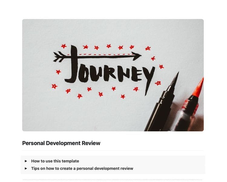 Craft Free Template: Personal development review template in Craft showing tips and instructions.