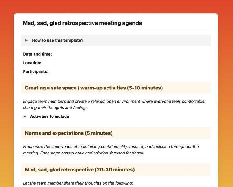 Craft Free Template: Elevate your retrospectives with our customizable mad, sad, glad meeting agenda template. Encourage open communication, boost morale, and tackle issues head-on.