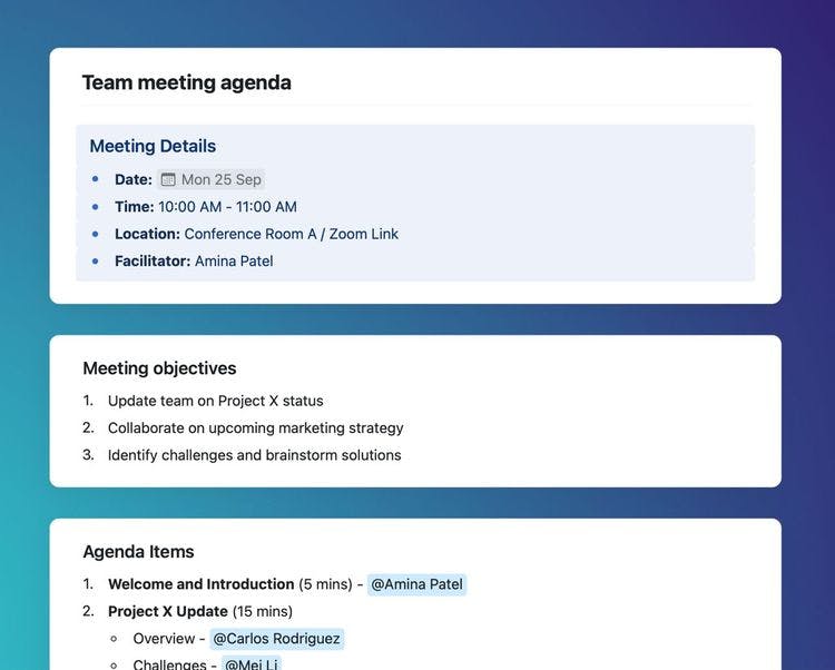 Screenshot of the Team meeting agenda in Craft