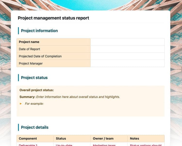 Craft Free Template: project management status report in craft