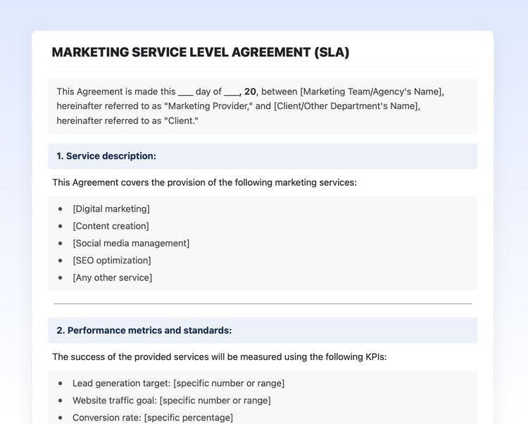 Craft Free Template: Screenshot of Craft’s Marketing Service Level Agreement (SLA), showing the “Service description” section.