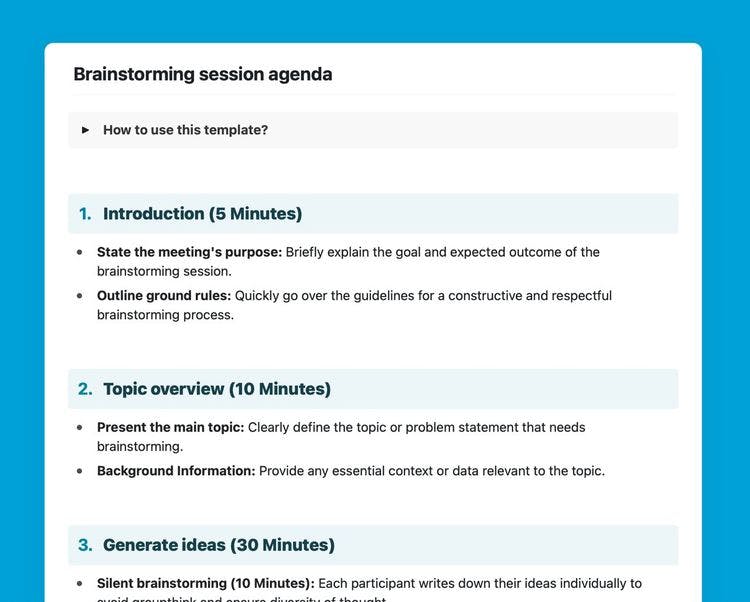 Craft Free Template: Brainstorming session agenda template in Craft.