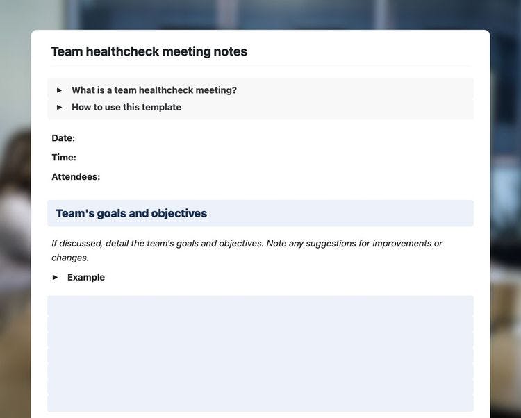 Craft Free Template: Team healtcheck meeting notes template in Craft showing instruction and the team's goals and objectives section with instructions.