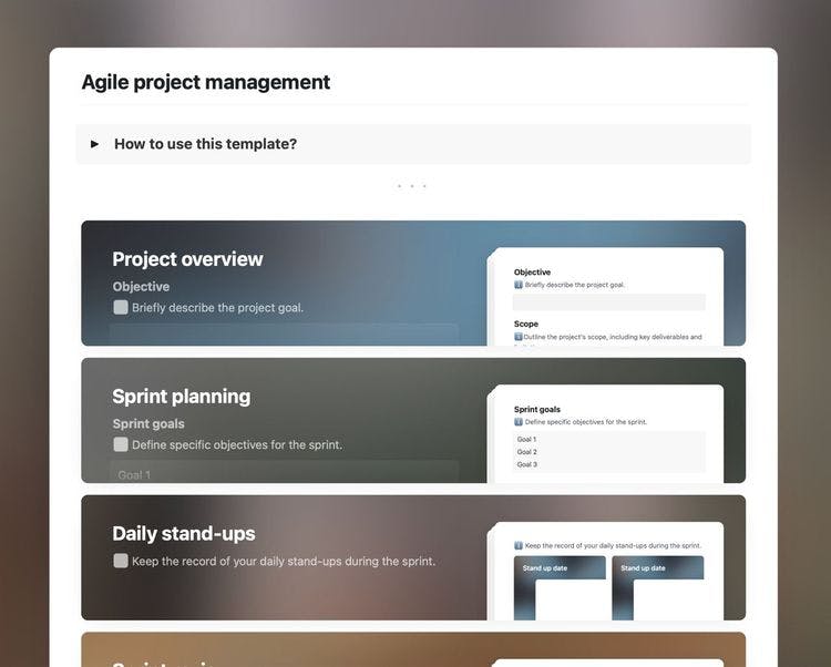 Agile project management template in Craft showing instructions and sections.