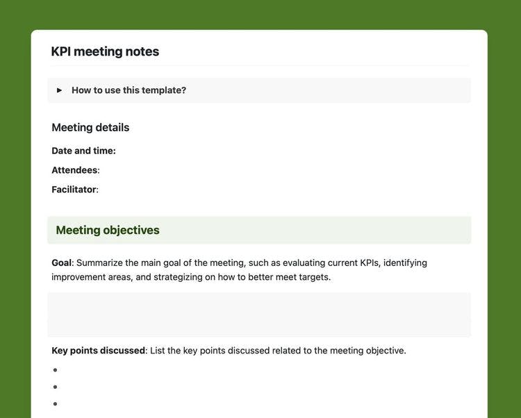 Craft Free Template: KPI meeting notes template in Craft.