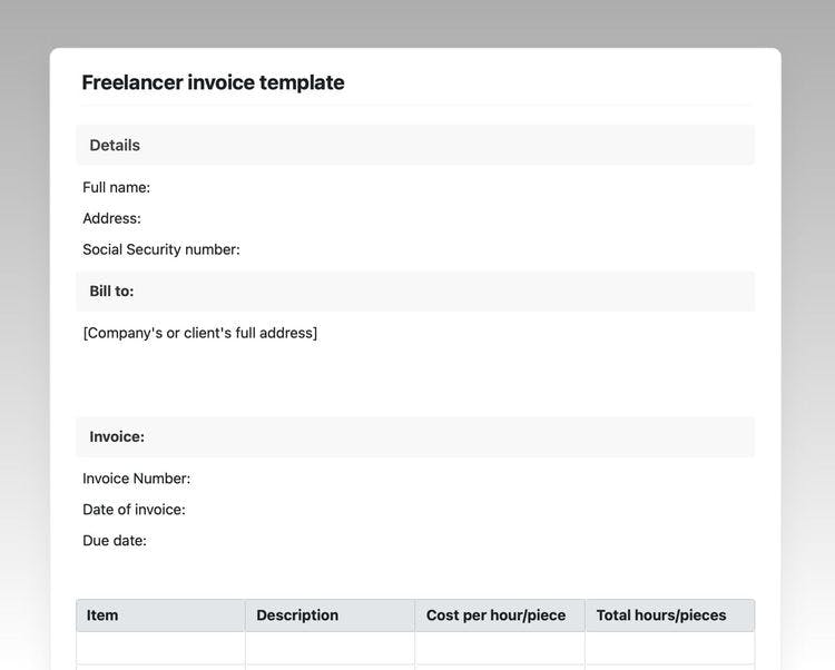 Freelancer invoice template in Craft showing the contents of the invoice. 