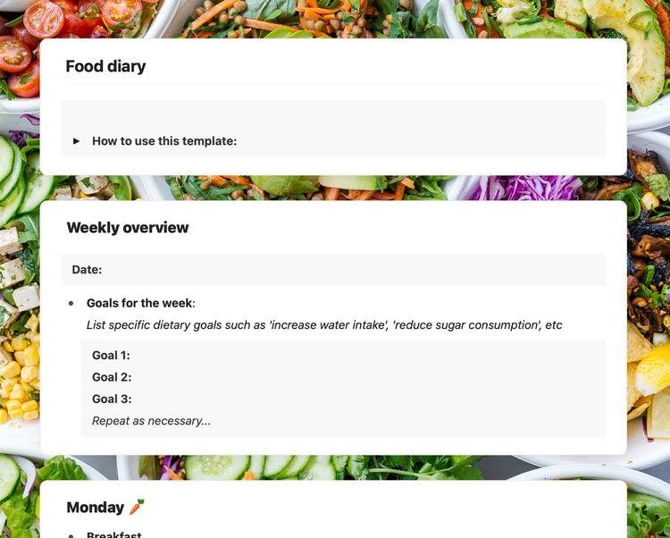 Craft Free Template: Food diary template in Craft showing instructions and weekly goals section.