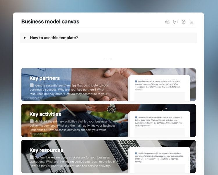 Craft Free Template: Business model template in Craft showing instructions and three sections.