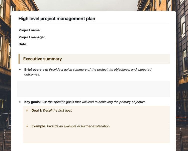 High level project management plan in craft