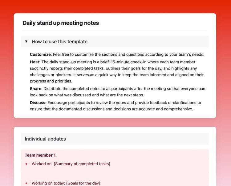 Craft Free Template: Daily stand up meeting notes in Craft showing instructions, and “individual updates” section.
